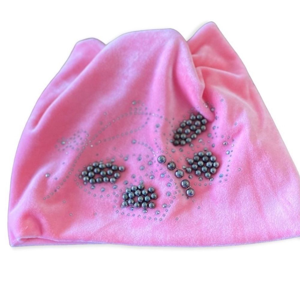 Pink Sparkly Beaded Fitted Winter Velvet Beanie - NEW